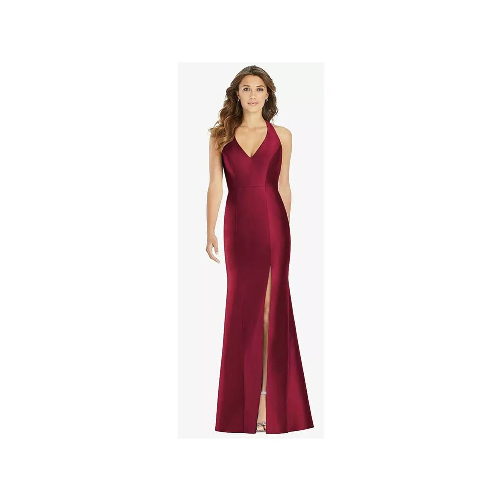 Alfred Sung D761 NWT Burgundy Satin Halter Trumpet Maxi Gown Slit Dress Prom 4